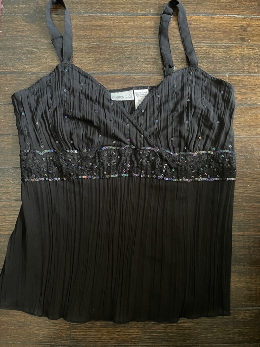 Vintage New Fashion Bug Black Sequin Pleated Camisole Top